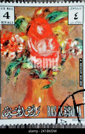 Cairo, Egypt, August 15 2022: Old used Postage stamp from United Arab of Emirates Ras Al-Khaimah 1972 features flower painting of the French Artist Pi Stock Photo
