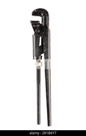 Pipe wrench isolated on white background. Black adjustable pipe wrench tool. File contains clipping path. Top view. Stock Photo