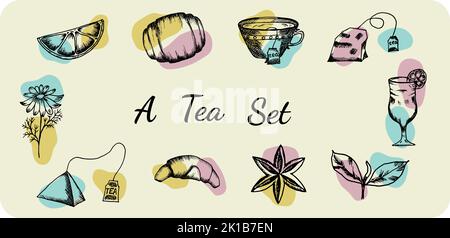 Tea set icons in doodle style. Tea bags, chamomile mug and glass, special anise, bun and croissant. Tea ceremony. Tea style doodle icon set. Vector. Stock Vector
