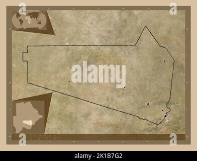 Kweneng, district of Botswana. Low resolution satellite map. Locations of major cities of the region. Corner auxiliary location maps Stock Photo