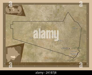 Kweneng, district of Botswana. Low resolution satellite map. Locations and names of major cities of the region. Corner auxiliary location maps Stock Photo