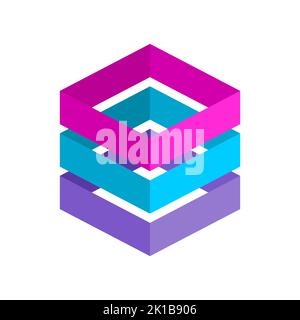 Modern colorful technology logo made of three elements. Stack of three 3D rectangular frames. Server rack concept. Cloud computing storage solutions.