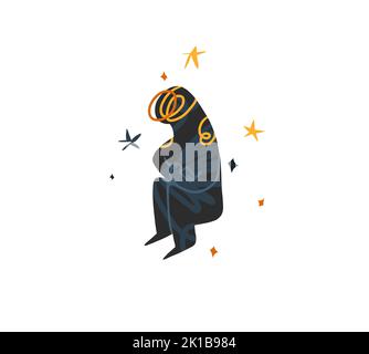 Funny space meditating strange cosmos figure character with a foggy head.Cute abstract creature alien from space,magic with star and moon.Cartoon Stock Vector