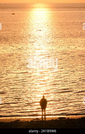 Man silhouetted on the edge of the beach gazes out over the sea at the rising sun reflecting on the water. Stock Photo