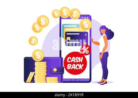 Online cashback concept. Coins or money transfer from smartphone to e-wallet. Online banking. Saving money. Money refund. Vector illustration. Stock Vector