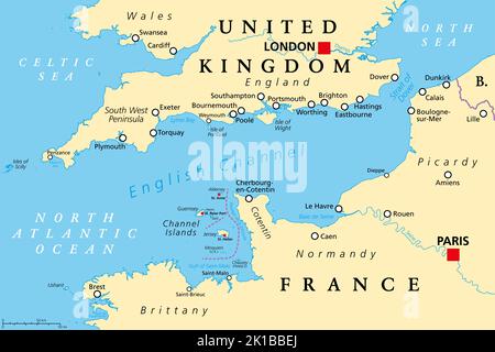 English Channel political map. Also British Channel. Arm of Atlantic Ocean separates Southern England from northern France. Stock Photo