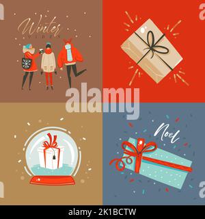 Hand drawn vector abstract fun Merry Christmas and Happy New Year time cartoon illustration greeting card with xmas surprise gift boxes,people and Stock Vector