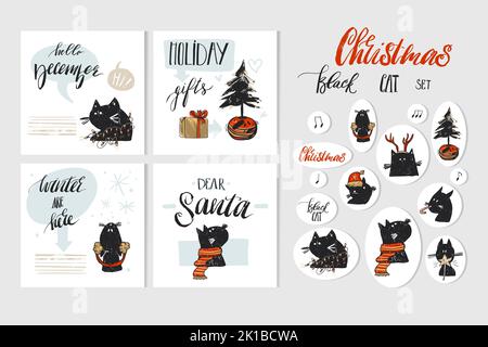 Hand drawn vector abstract Merry Christmas and Happy New Year time cartoon illustration greeting cards collection set with xmas cats and Christmas Stock Vector