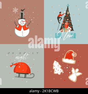 Hand drawn vector abstract Merry Christmas and Happy New Year cartoon illustration greeting cards collection set with snowman,xmas tree,people and Stock Vector