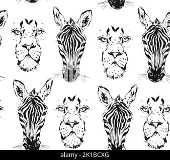 Hand drawn vector abstract artistic ink textured graphic sketch drawing illustrations seamless pattern of wildlife african safari zebra and lion head Stock Vector