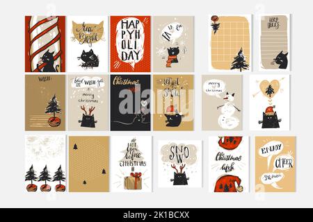 Hand drawn vector abstract Merry Christmas and Happy New Year time cartoon illustration greeting cards collection set with xmas cats and Christmas Stock Vector