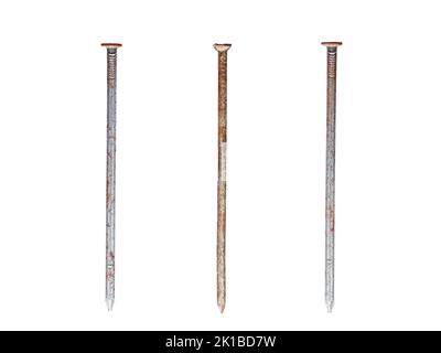 Three straight old rusty nails of equal length isolated on white background Stock Photo