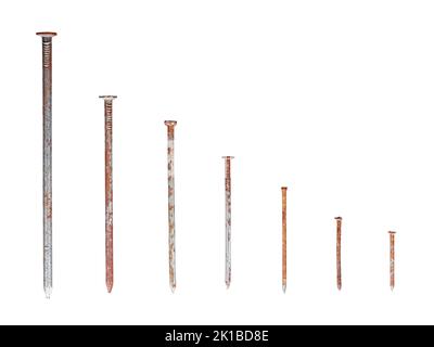 Straight old rusty nails of different lengths isolated on white background Stock Photo
