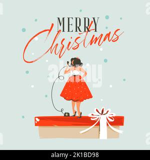 Hand drawn vector abstract fun Merry Christmas and Happy New Year time cartoon illustration greeting card with xmas calling girl in dress and Merry Stock Vector