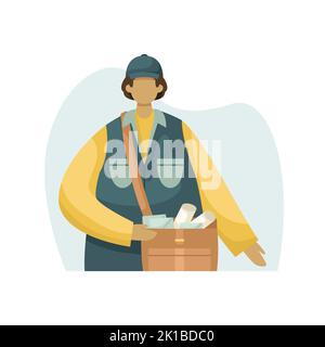 Vector illustration of a postman with a bag of letters and newspapers. Profession. Stock Vector