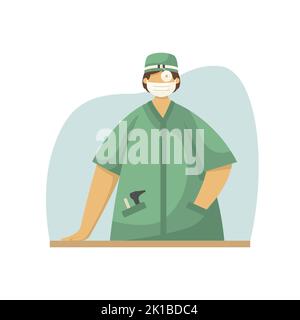 Vector illustration of an otolaryngologist in a white coat with a tool for checking the respiratory and hearing organs. Profession. Flat style Stock Vector