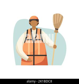 Vector illustration of a street sweeper in a reflective vest with a broom. Profession. Flat style Stock Vector
