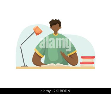 Vector illustration of a student doing homework at a table with books. Profession. Flat style Stock Vector