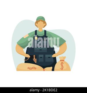 Vector illustration of a collector in a bulletproof vest with bags of money. Profession. Flat style Stock Vector