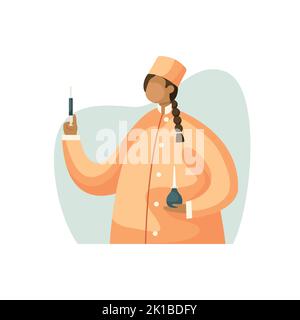 Vector illustration of a nurse with a syringe in her hand and an enema. Profession. Flat style Stock Vector