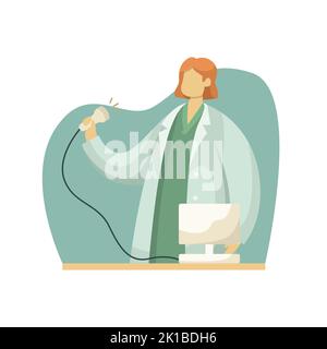 Vector illustration of an ultrasound doctor with a sensor for examination in her hands. Profession. Flat style Stock Vector