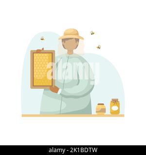 Vector illustration of a beekeeper with a honeycomb in his hands. Profession. Flat style Stock Vector