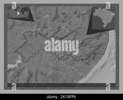 Pernambuco, state of Brazil. Bilevel elevation map with lakes and rivers. Locations of major cities of the region. Corner auxiliary location maps Stock Photo