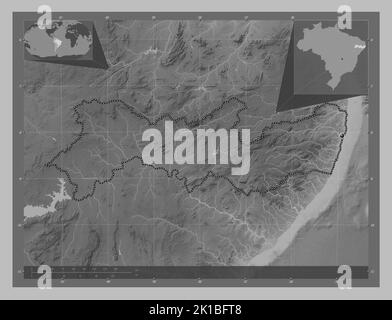 Pernambuco, state of Brazil. Grayscale elevation map with lakes and rivers. Corner auxiliary location maps Stock Photo