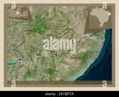 Pernambuco, state of Brazil. High resolution satellite map. Locations of major cities of the region. Corner auxiliary location maps Stock Photo