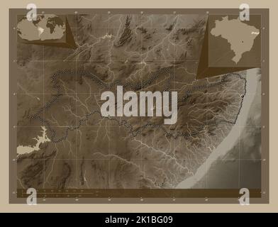 Pernambuco, state of Brazil. Elevation map colored in sepia tones with lakes and rivers. Corner auxiliary location maps Stock Photo