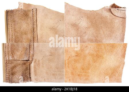 Collection of brown leather textures isolated on white background. Rough uneven edges. Rectangular composite image of leather textures Stock Photo