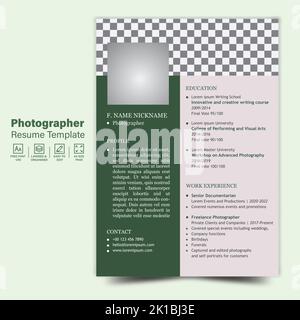 Photographer Resume Template, CV template for Photographer Stock Vector