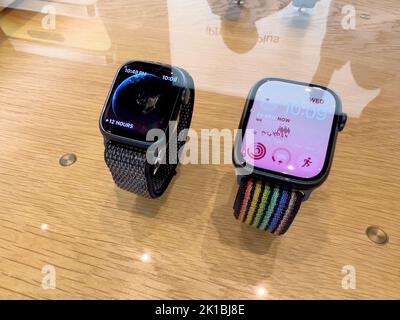 Paris, France - Sep 16, 2022: Apple store featuring new Apple Watch series 8 with features: Cycle Tracking and Crash Detection two new temperature sensors, a high-g accelerometer, improved gyroscope. Stock Photo