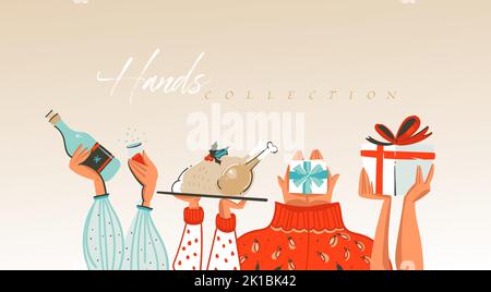 Hand drawn vector abstract Merry Christmas and Happy New Year cartoon illustrations greeting collection set with celebrating people hands isolated on Stock Vector