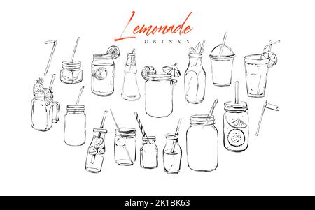 Hand drawn vector graphic textured artistic bar menu ink collection set sketch illustrations drawing bundle of organic natural lemonade cocktails Stock Vector