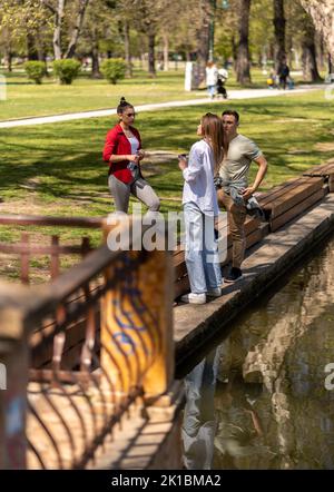 Resting with friends. Three groupmates standing together with other students on the path, relaxing after classes outside the university. Stock Photo