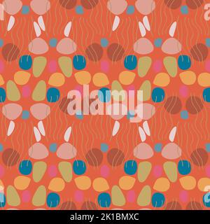 Abstract trendy seamless patterns set with hand drawn colorful shapes on red backgrounds Stock Vector