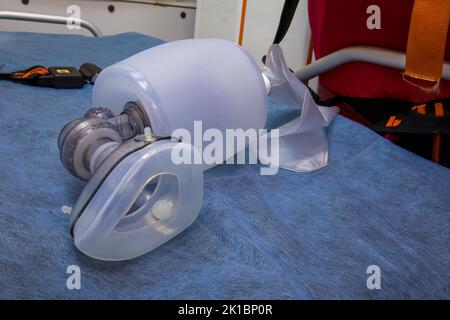 AMBU bag on blue medical cloth Stock Photo