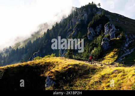 A Mountain biker on a cycling trip on Velika Planina plateau near Kamnik, stoping at the cliffs and looking in the valley, Slovenia Stock Photo