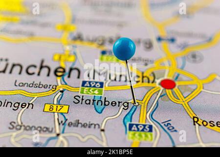 Starnberg map. Close up of Starnberg map with red pin. Map with red pin point of Starnberg in Germany. Stock Photo