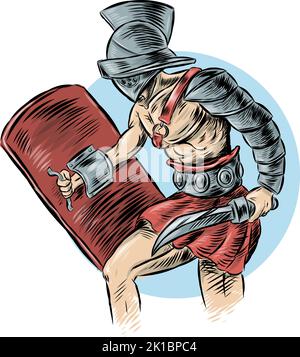 Roman gladiator hand drawn color on white background Stock Vector