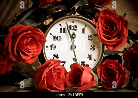 red roses and retro alarm clock in vintage style Stock Photo