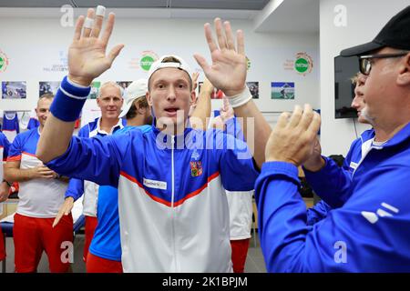Czech Tomas Machac, centre, and Jiri Lehecka prior to the Davis Cup - World Group I match against Israel in Tel Aviv, Israel, September 17, 2022. (CTK