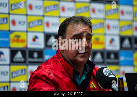 Colombia's football team coah Nestor Lorenzo speaks during a press conference after the decision on calling team veterans: Radamel Falcao, James Rodri Stock Photo