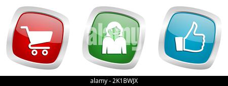 Shop vector icons, shopping cart, customer service and thumb up silver metallic buttons Stock Vector