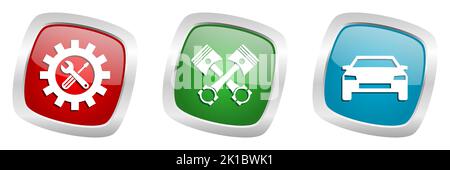 Car service vector icons, tools, pistons and vehicle silver metallic buttons Stock Vector