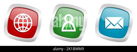 Web and internet vector icons, globe, user and email silver metallic buttons Stock Vector