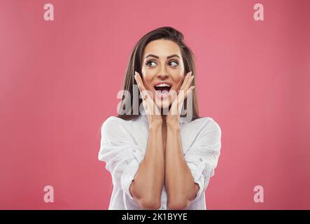 Close-up portrait of her she nice attractive lovely funny girlish cheerful glad straight-haired girl good news leisure expecting holiday isolated on p Stock Photo