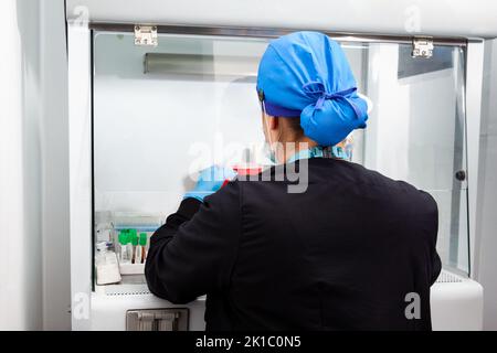 Young female scientist working in a safety laminar air flow cabinet at the laboratory Stock Photo