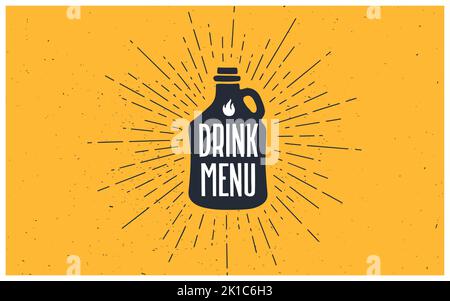 Drink Menu. Old school poster with text Drink Menu. Bottle in vintage style with linear drawing light rays, sunburst and rays of sun, text drink menu. Hand drawn graphic design. Vector Illustration Stock Vector